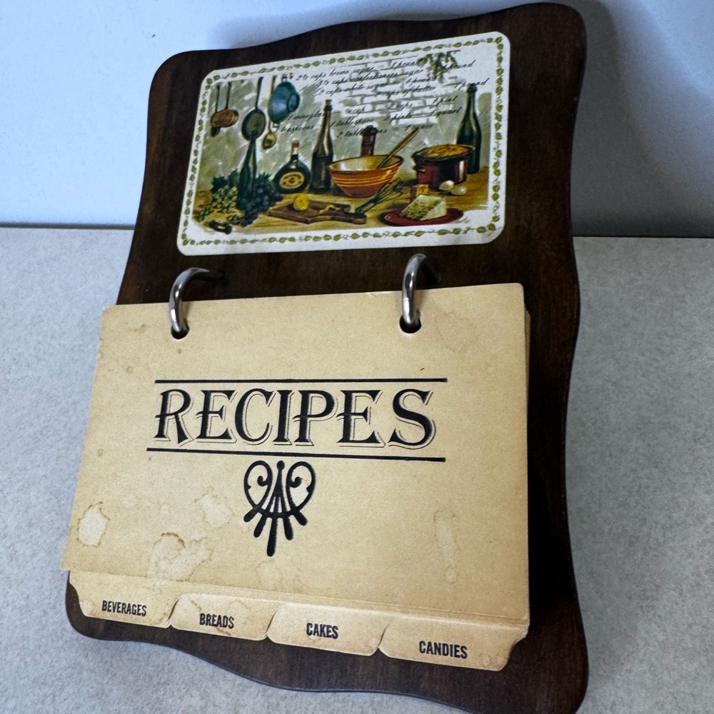 Vintage Recipe Card Holder - Brown Wood with Cream Recipe Cards